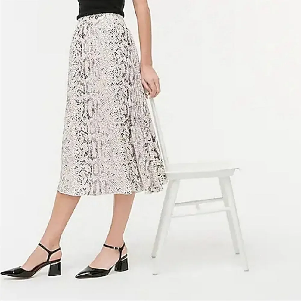 J Crew Pleated Midi Skirt AL202 Black Cream Snakeskin Python Animal Print Size 0